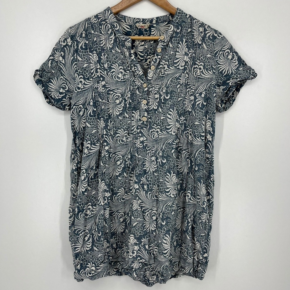 Faherty Womens Blue White Batik Floral Linen Blend Mini Dress Size S